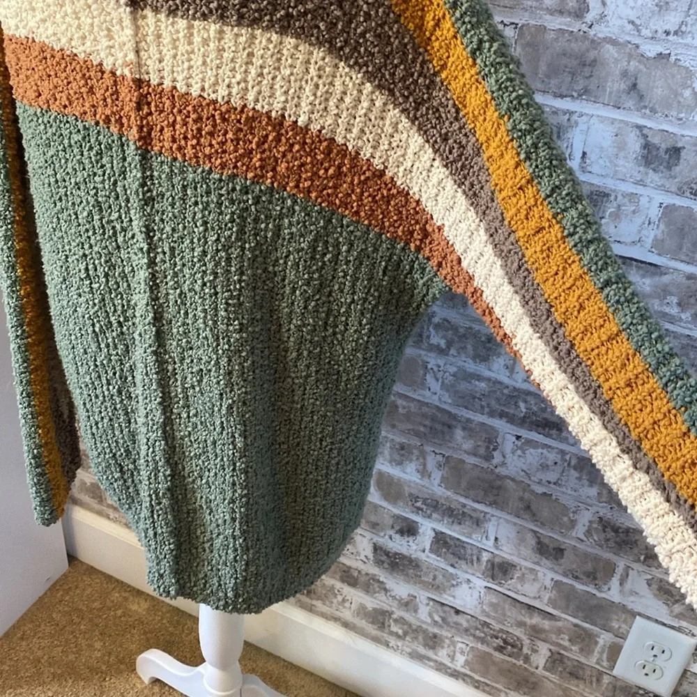 Shop Stevie Oversized Chunky Knit Striped Sweater. Size L. Sage Green and Brown. - Picture 12 of 15